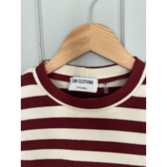 LNA Clothing Top XS Burgundy Cream Striped Rayon Blend Ribbed Crew Neck L/S - Picture 3 of 7